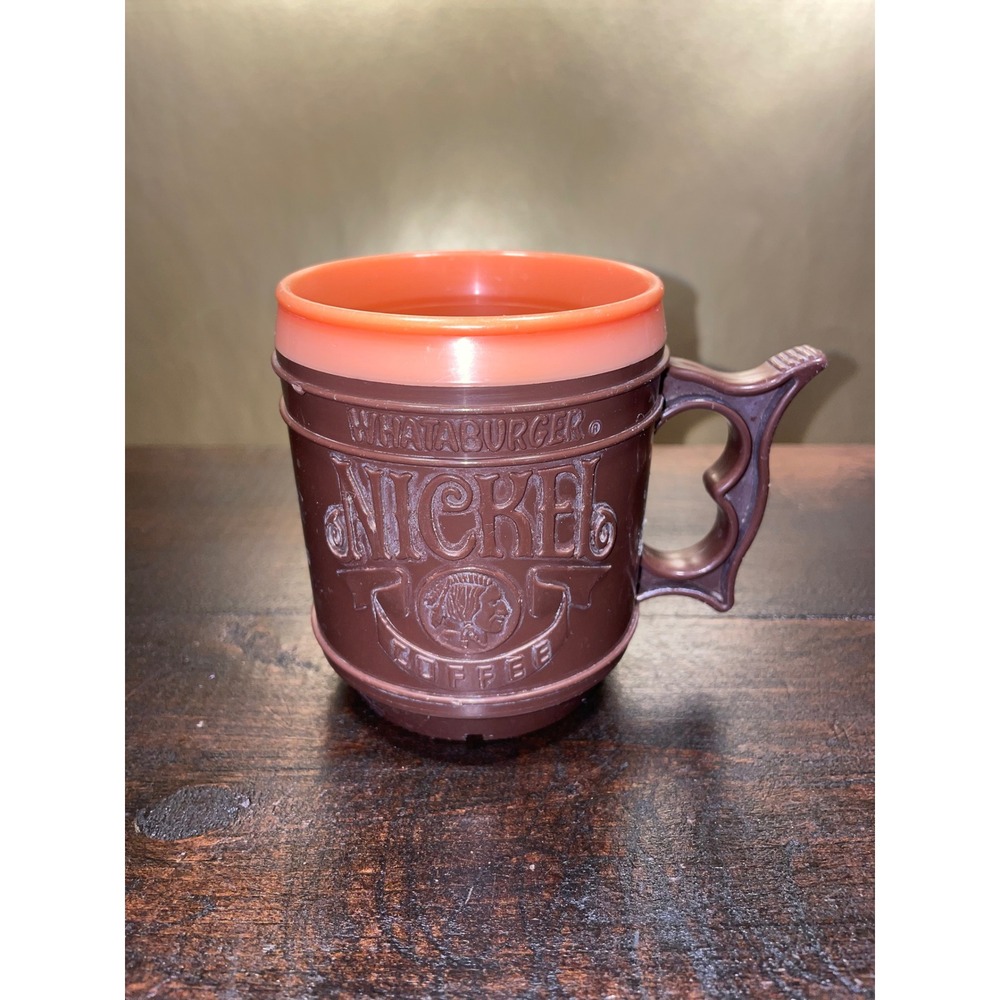 Whataburger Nickel Coffee Brown Orange Plastic Travel‎ Novelty Mug Cup 1980's